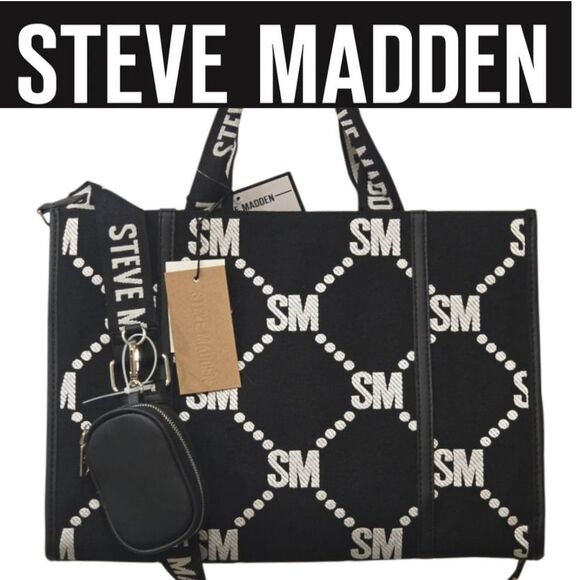 Steve Madden Handbags - Steve Madden BSantam‎ SM Diagonal Logo Canvas Tote Bag- Blaxk/White